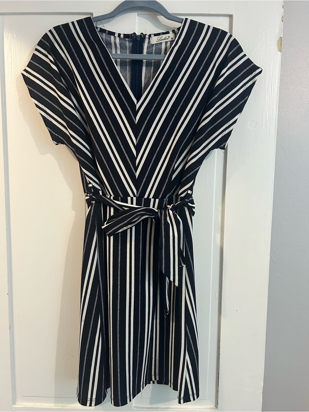 Black & White Striped V-Neck Tie-Waist Mini Dress